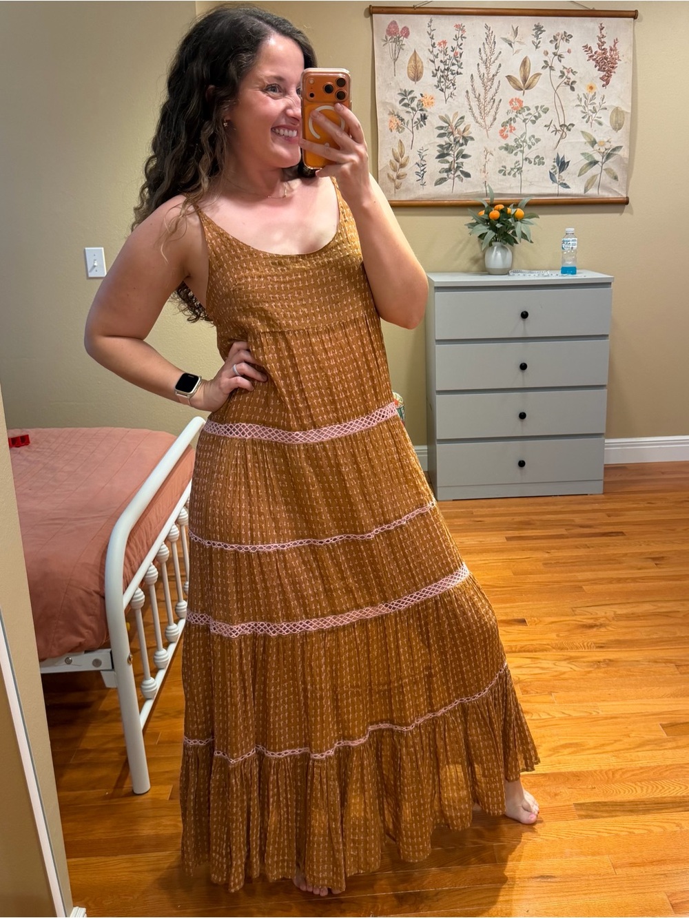 Intimately Free People Midnight Dance Rust Brown Maxi Dress with Pink Trim XS